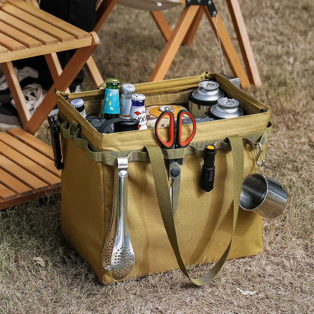 Outdoor Collapsible Hamper full of cooking equipment and ingredients