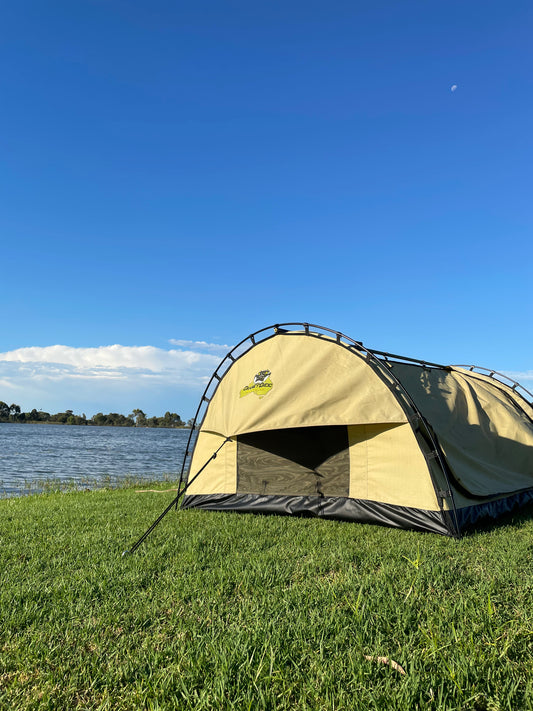 Dome Double Swag set up on bank of lake