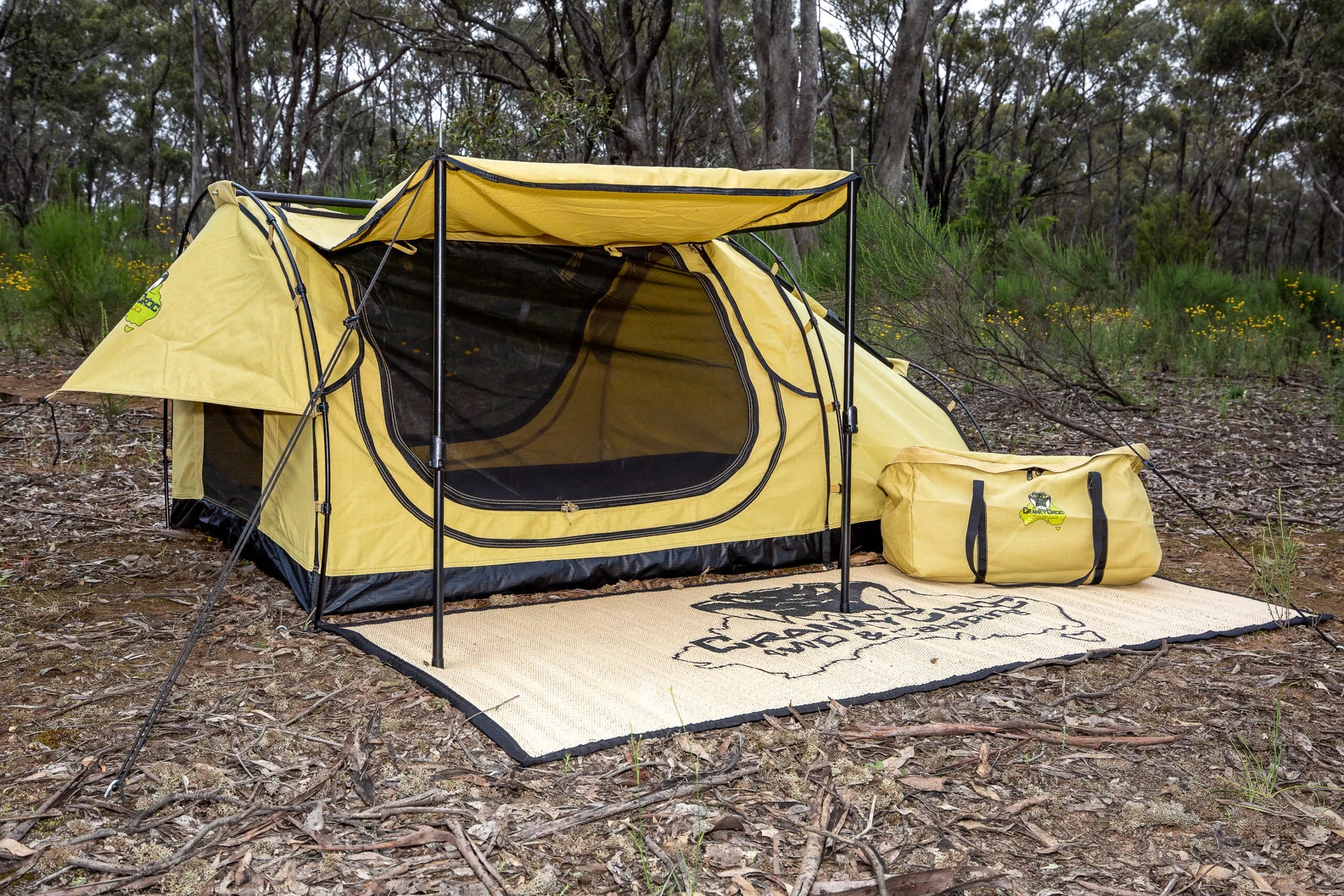 Dundee King Single Swag with awning setup with Swag Mat.