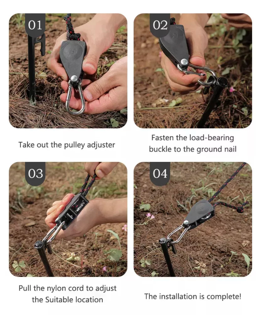 Diagram steps on how to tighten tent tie downs