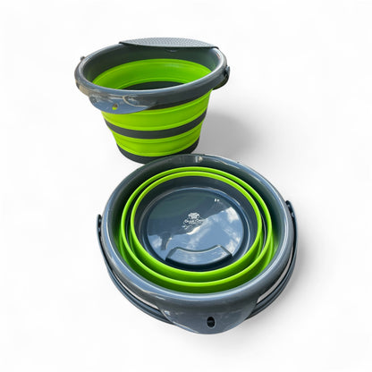 Green and grey Collapsible bucket next to collapsed collapsible bucket