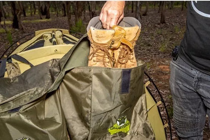 Pair of a work boots in a Large Double Boot Bag hanging on a swag