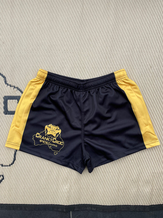 Black with yellow Aussie Footy Shorts with 'Cranky Croc' logo