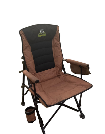 Brown and black camp chair with cup holder