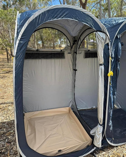 Shower base inside shower awning or shower tent