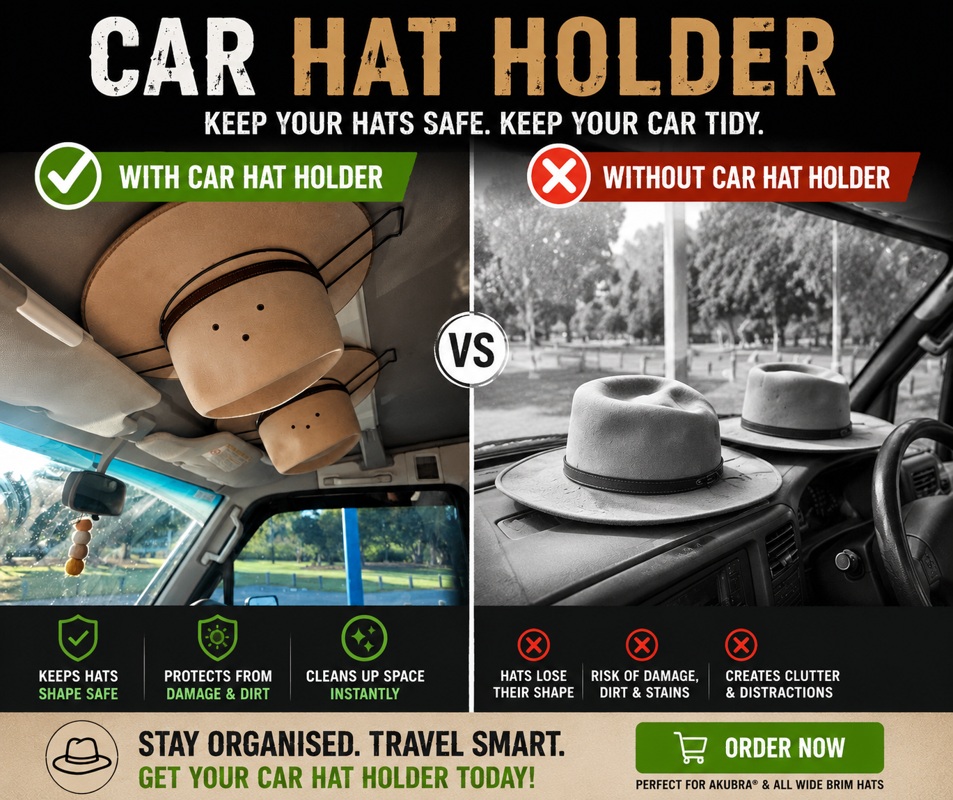 Car hat holder advertisement showing before and after scenarios with hats on a car dashboard.