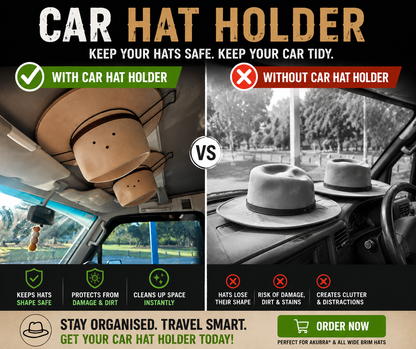 Car hat holder advertisement showing before and after scenarios with hats on a car dashboard.