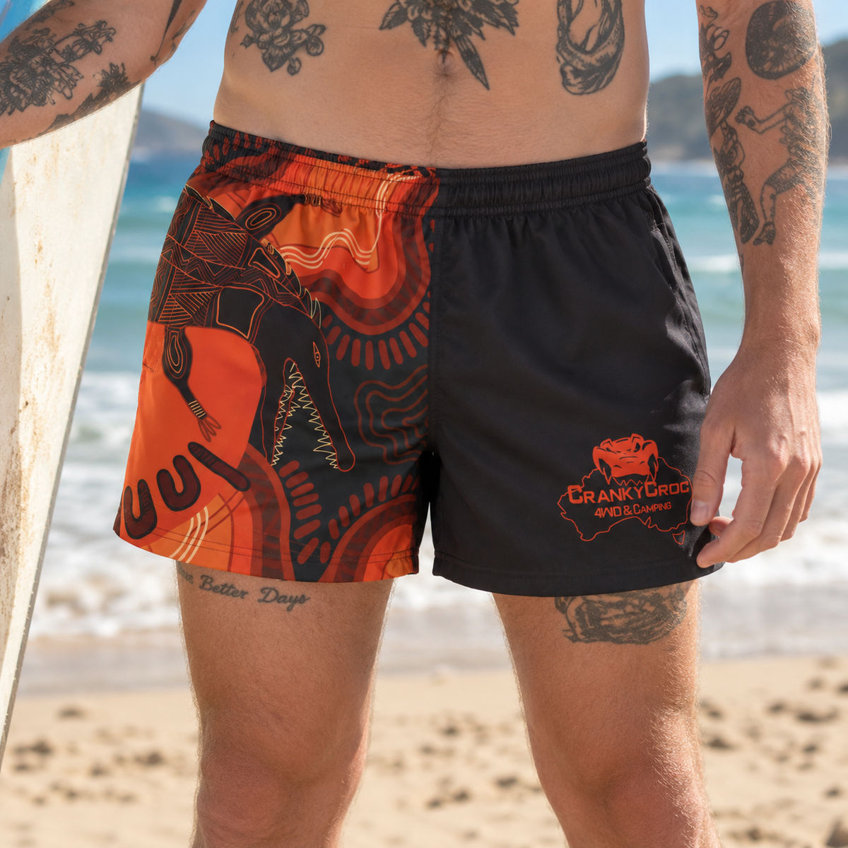Footy Shorts Indigenous Orange - Zippered Pockets