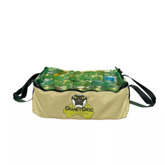 Canvas Clear Top Bag with camp kitchen supply inside. Cranky Croc logo on the front. The canvas bag is on a white background. 