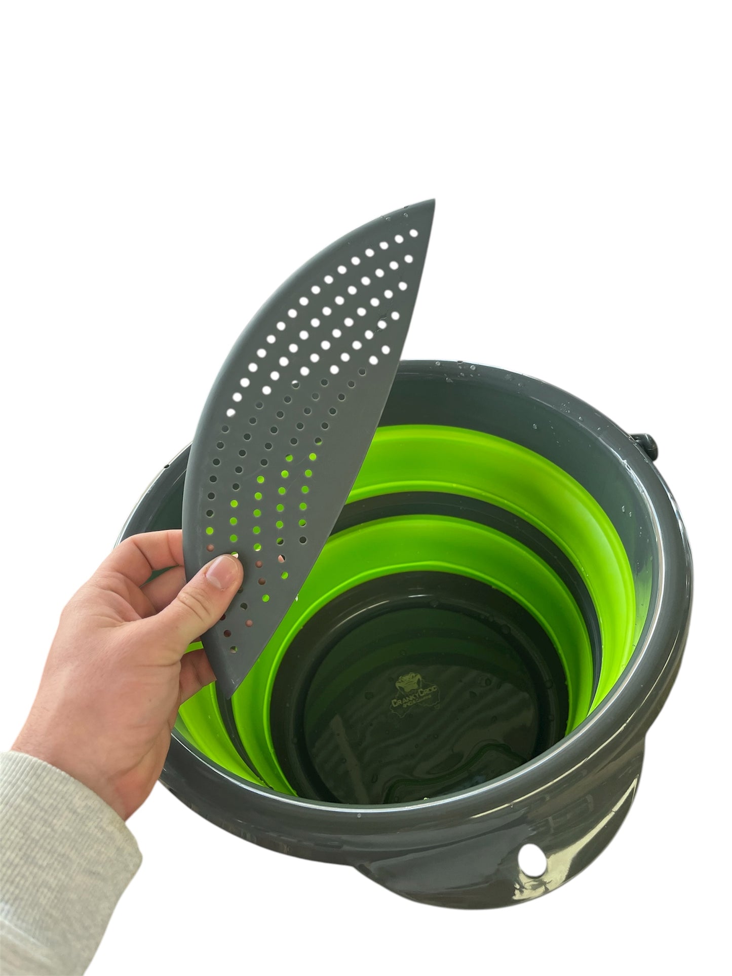 Green and grey Collapsible bucket with strainer