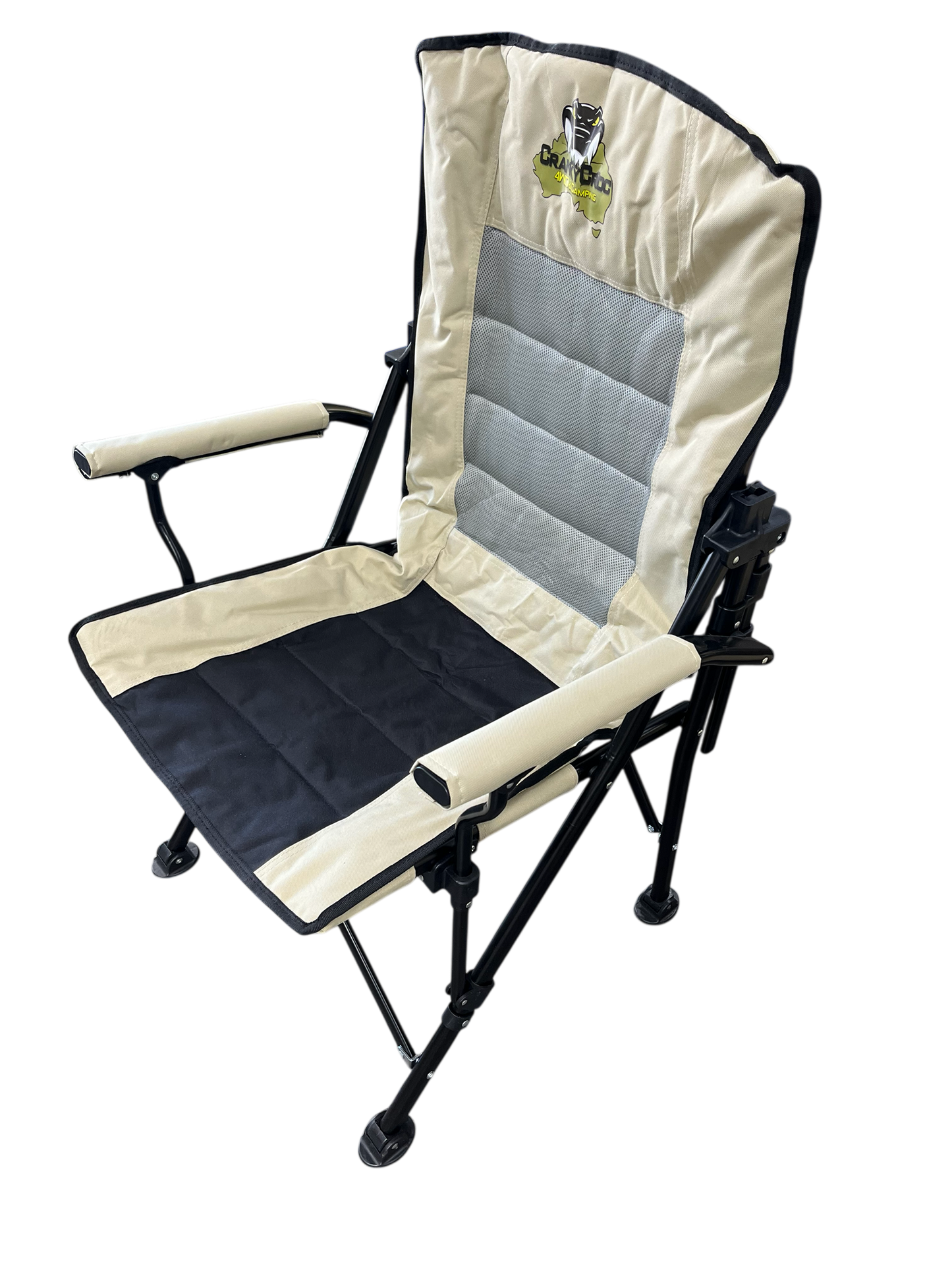 Foldable chair with beige and black cushions on a transparent background