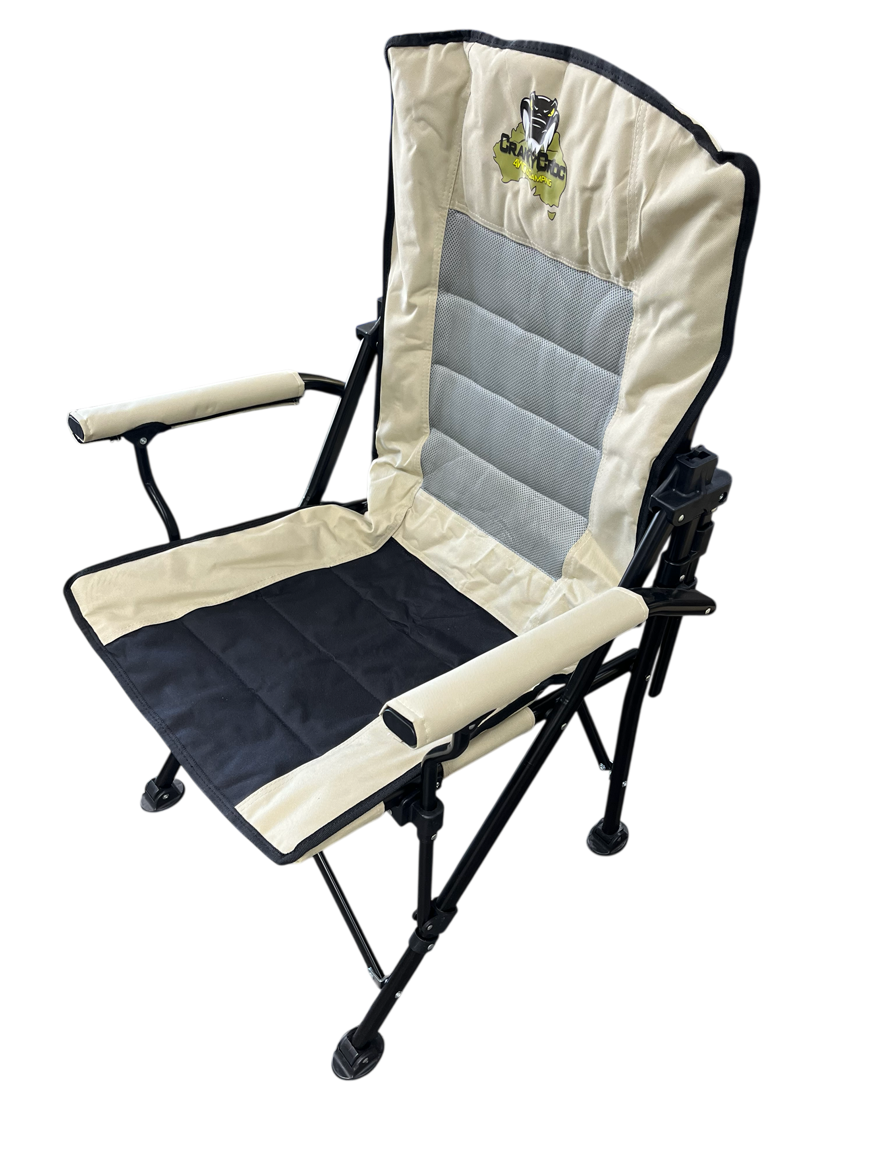 Foldable chair with beige and black cushions on a transparent background