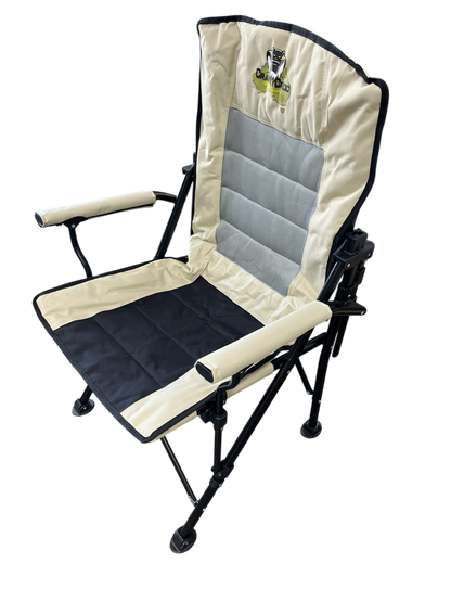 Foldable chair with beige and black cushions on a transparent background