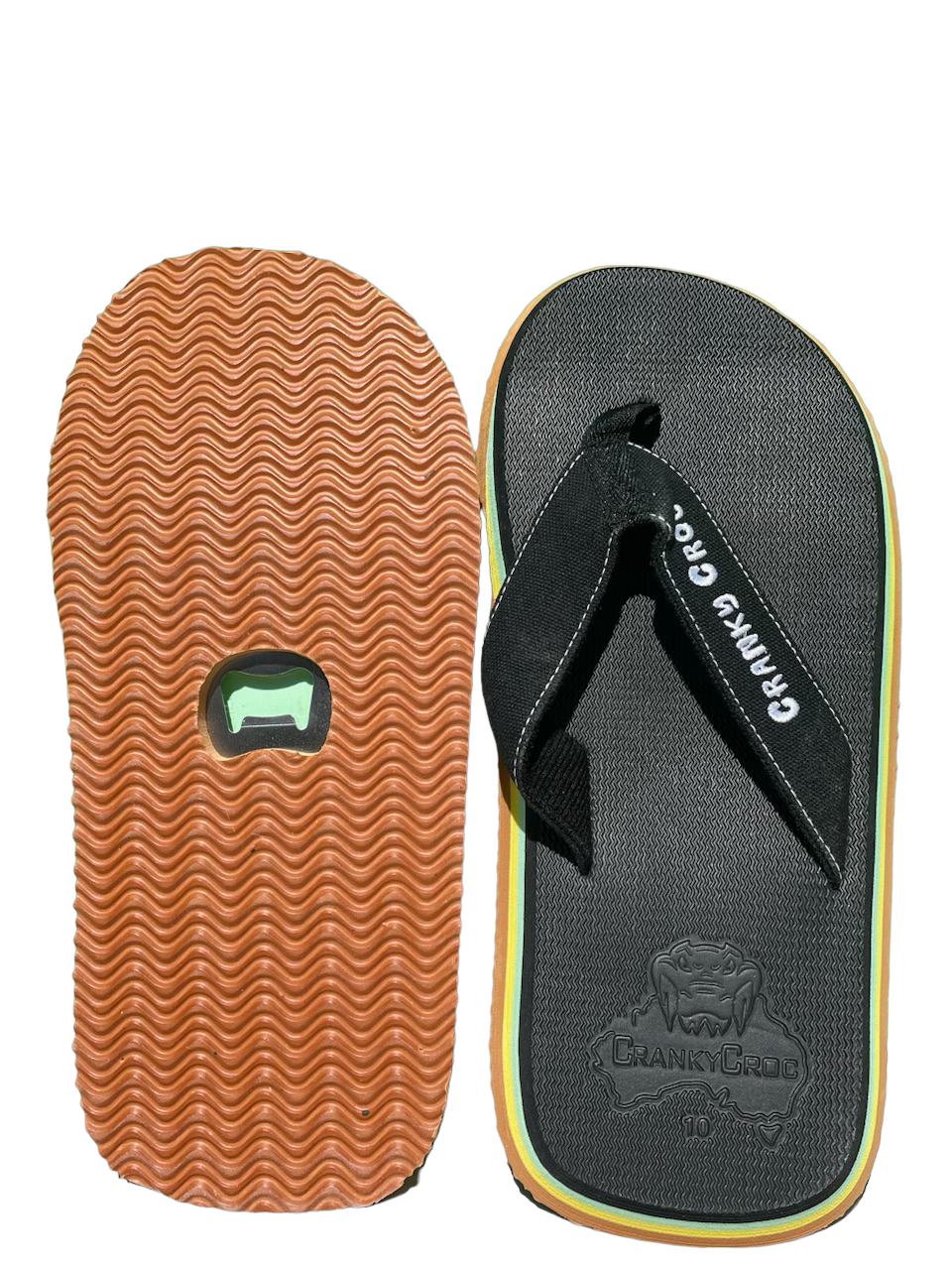 A pair of Cranky Croc Great Aussie Pluggers top and bottom – top of pluggers are black and front are brown with wave texture. Bottom of thongs with Bottle Opener.