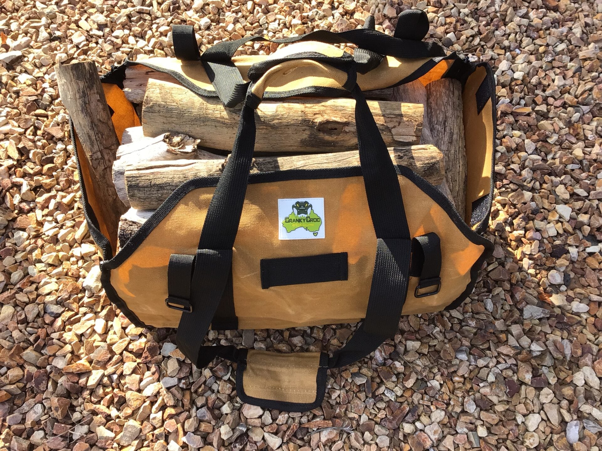 3-in-1 Wood Bag on ground storing wooden logs for camp fire