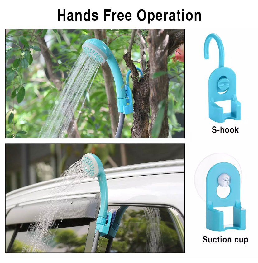 Diagram showing two different ways of hanging Rechargeable Camp Shower with the suction cup and s-hook.