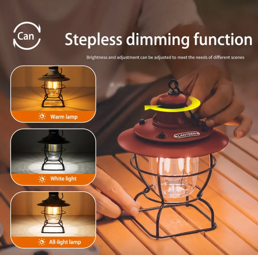 Step by step image of how to easily adjust the brightness and type of light on Rechargeable Outdoor Lantern.