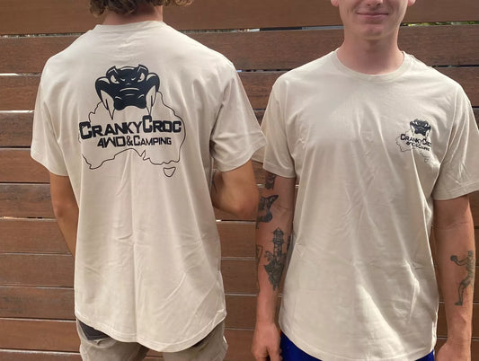 Two men standing next to each other showing both the back and front of the T-shirts