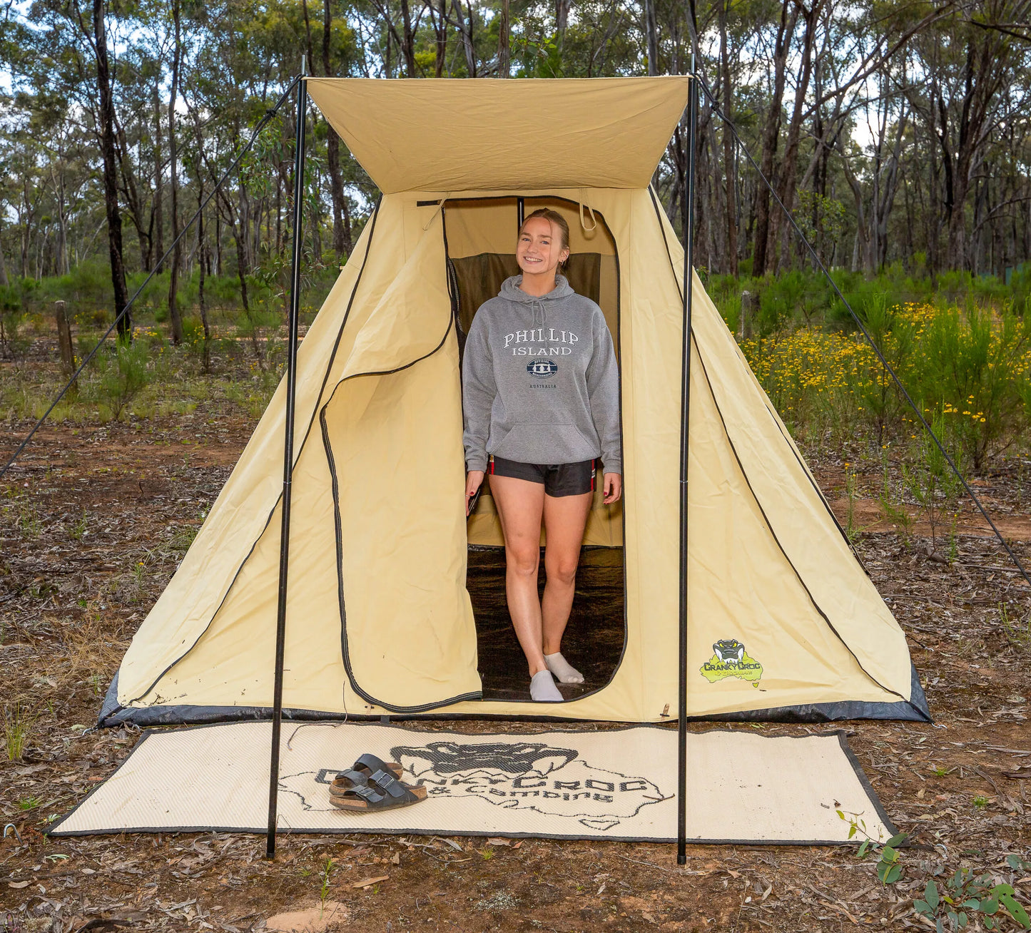 Young girl standing in a Instant Safari Tent