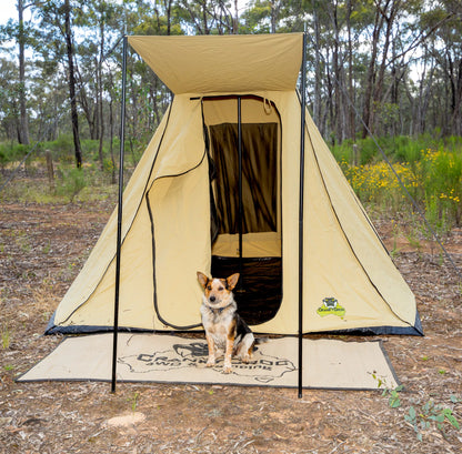 Blue heeler dog sitting in front of a Instant Safari Tent