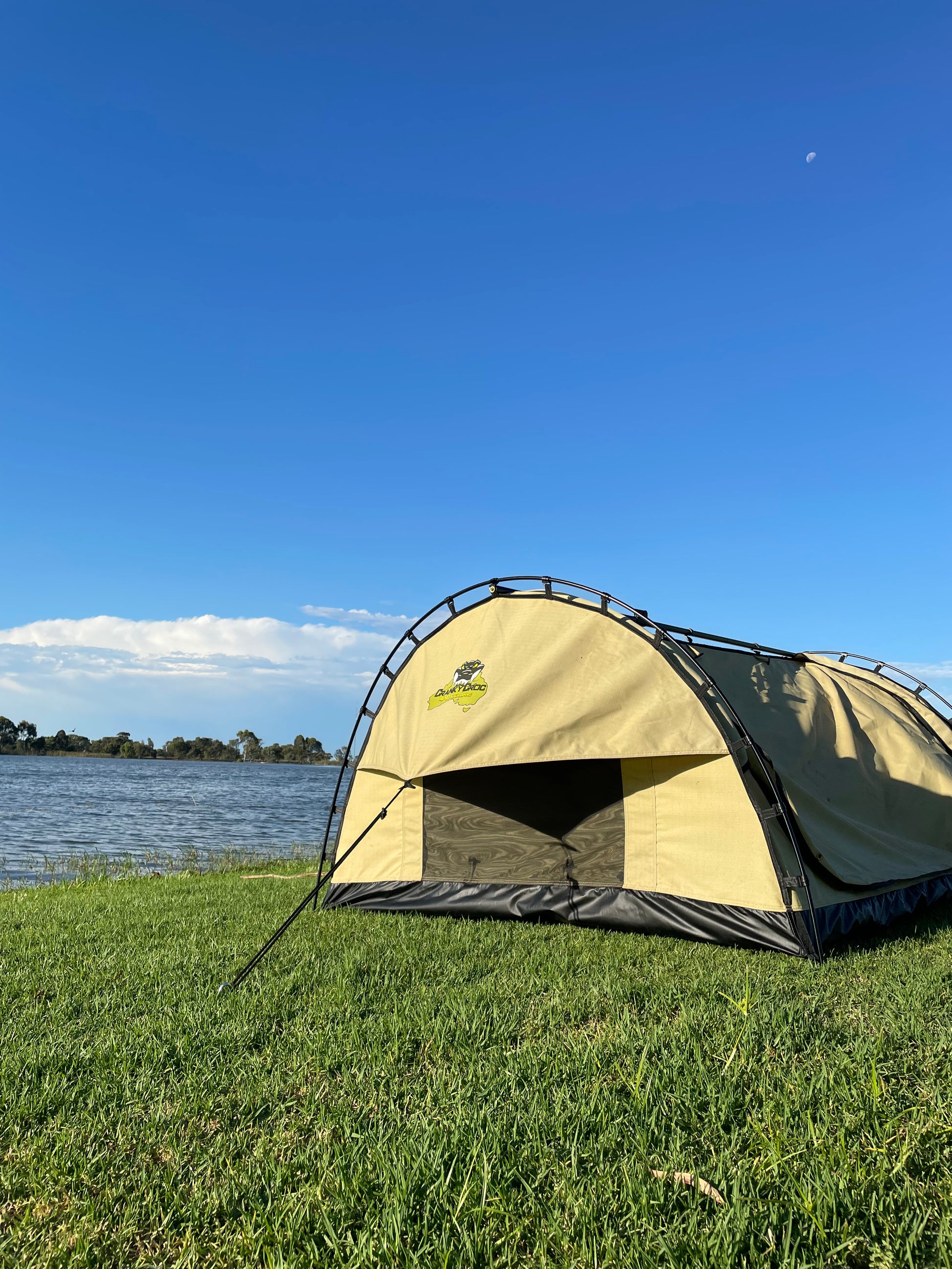 Dome Double Swag set up on bank of lake