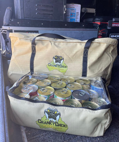 Multi-purpose canvas bag and a Clear Top Canvas bag sitting ute canopy. The Clear Top Bag is storing canned food