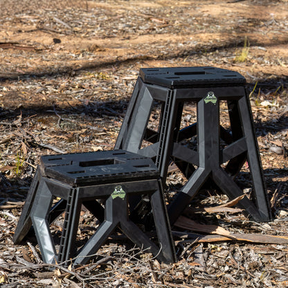 Image of both a small sized and large sized Quickie Folding Step Stool in bushland coloured Black