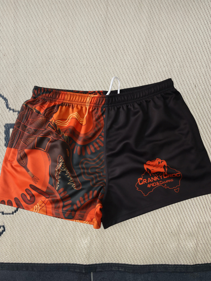 Pair of Aussie Footy Shorts, orange and black pattern, logo