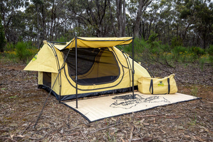 Deluxe Swag with awning set up and swag mat in Aussie Bushland