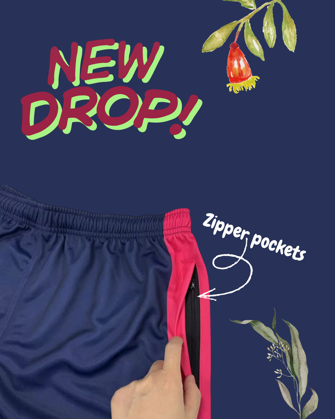 Navy blue Aussie Footy Shorts with pink sides and zipper pocket on a dark blue background with 'NEW DROP!' text and leaf graphics.