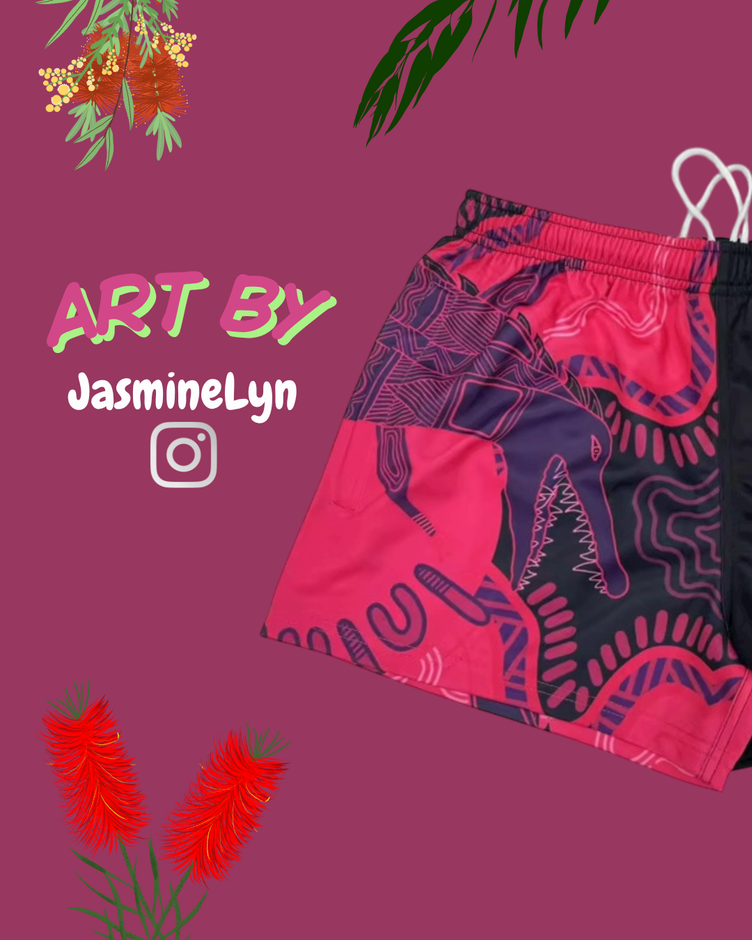 Pink Indigenous Footy Shorts on a purple background, featuring 'Art by JasmineLyn' text.