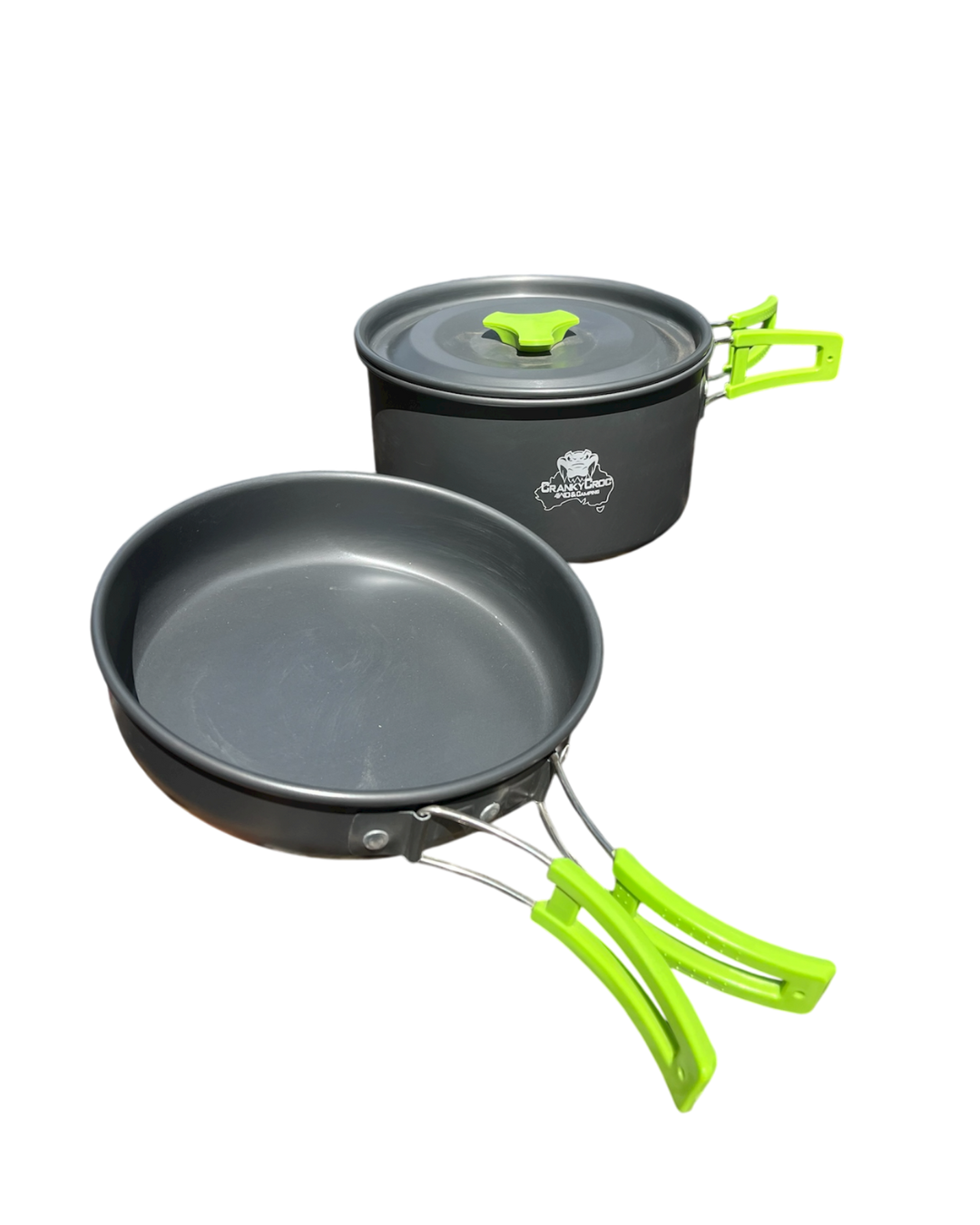 compact cooking set with a frying pan and pot on a white background