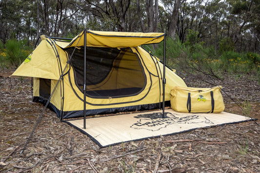 Dundee King Single Swag with awning setup with Swag Mat. 