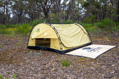 Dome Double Swag and Swag Mat setup in bushland