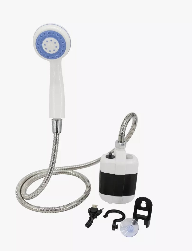 A portable shower with a silver hose, shower head. Includes a suction cup hanger and a USB charging cord.