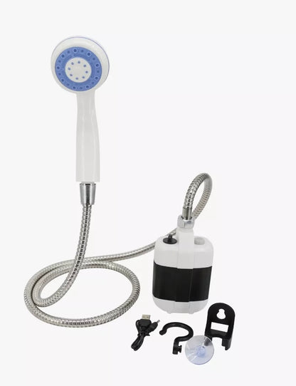 A portable shower with a silver hose, shower head. Includes a suction cup hanger and a USB charging cord.