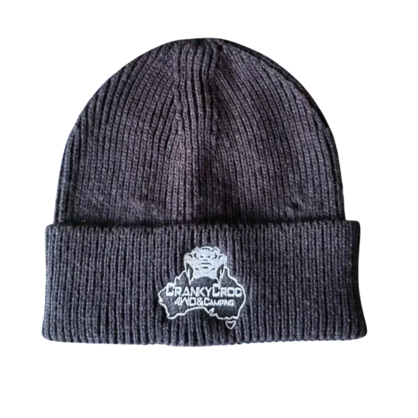 Thin black beanie with a white logo on a white background
