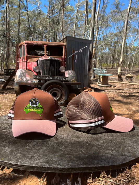 Two country trucker hats showing off the front and side. The country trucker caps are Brown with pink with a crocodile design, on a rock with a vintage truck and shed in the background.