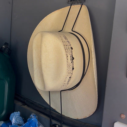 Akubra or Wrangler hat being held to 4WD canopy wall with a Cranky Croc Car Hat Holder