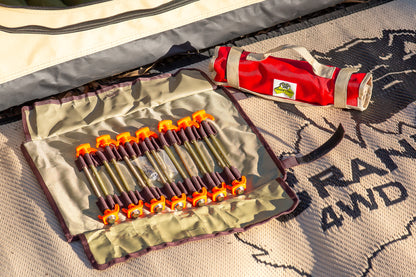 Screw in tent pegs for Camping Swag in rolled up bag on swag mat