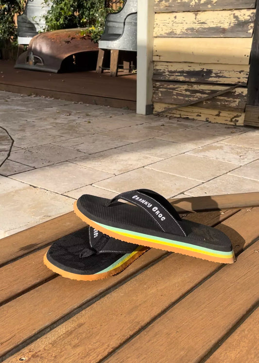 Image of a Pair of Great Aussie Thongs sitting on timber deck.