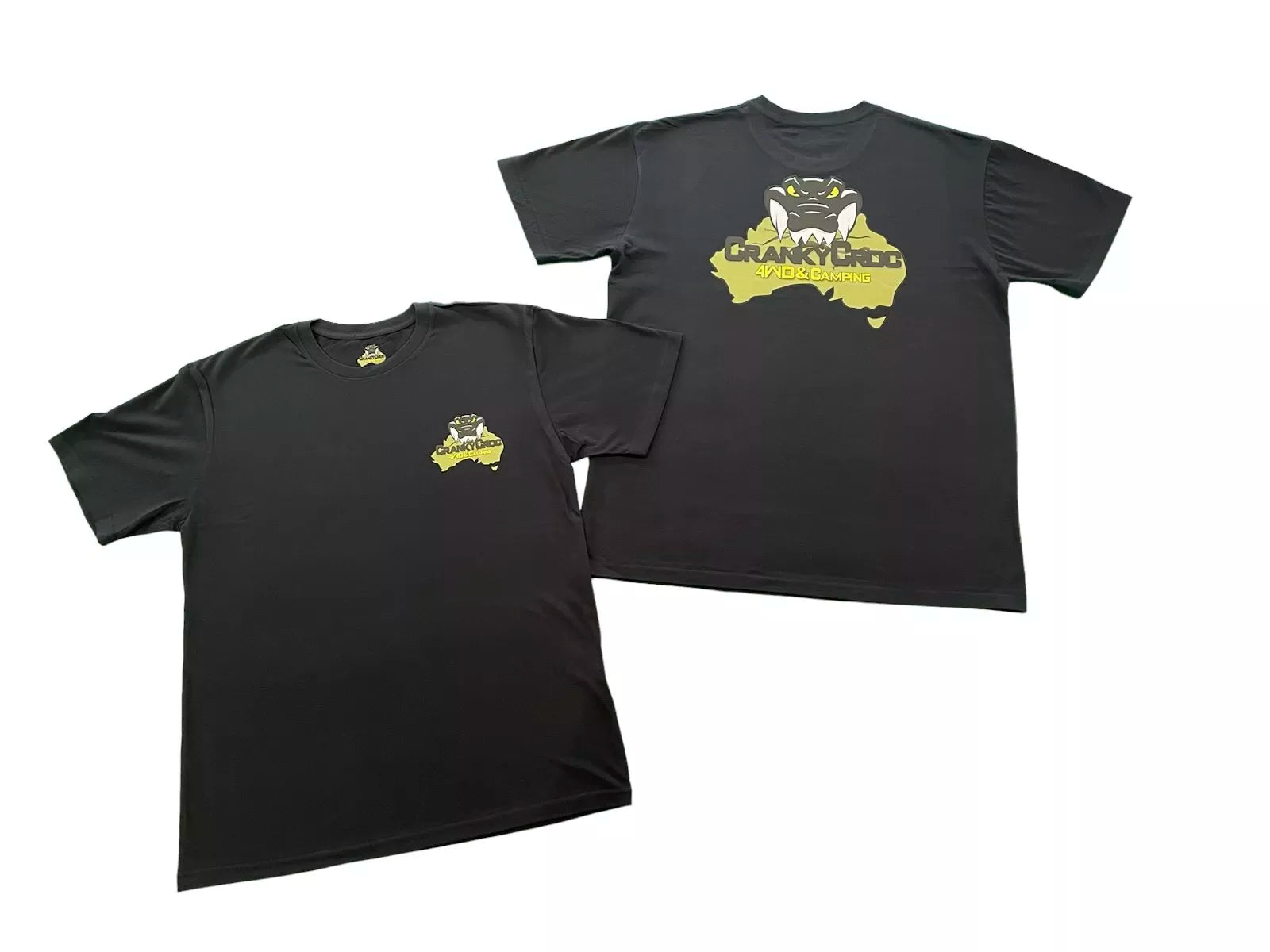 Two crew neck black tees with Cranky Croc 4WD and Camping branding. One displayed in front view and the other in back view on a white background