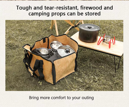 3-in-1 Wood Carry Bag on ground storing pots and pans for cooking on camp fire